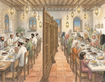 Illustration of a community iftar dinner with men and women seated in separate areas divided by a wooden lattice screen