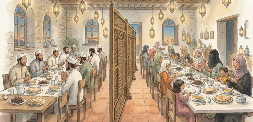 Illustration of a community iftar dinner with men and women seated in separate areas divided by a wooden lattice screen