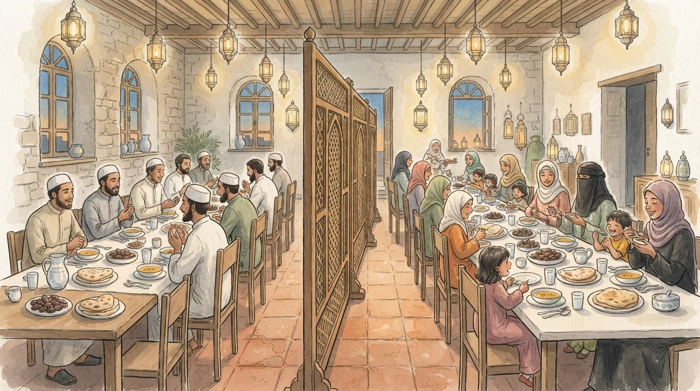 Illustration of a community iftar dinner with men and women seated in separate areas divided by a wooden lattice screen