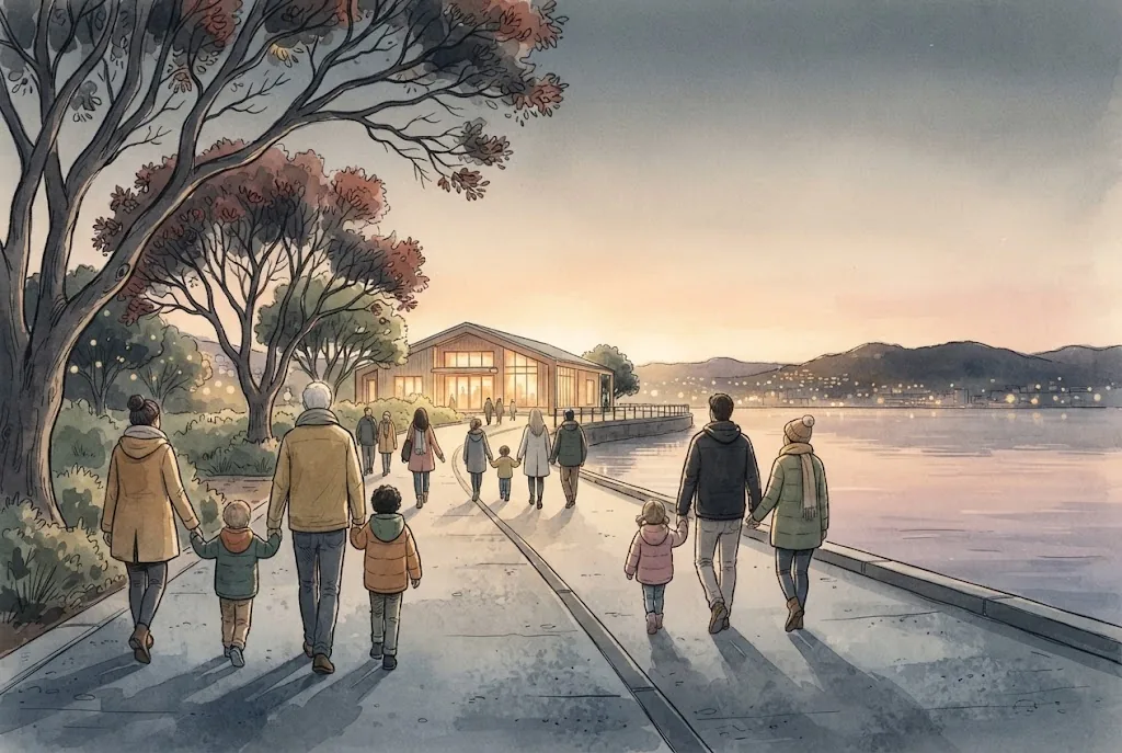 Illustration of families walking together along the Wellington waterfront at dusk