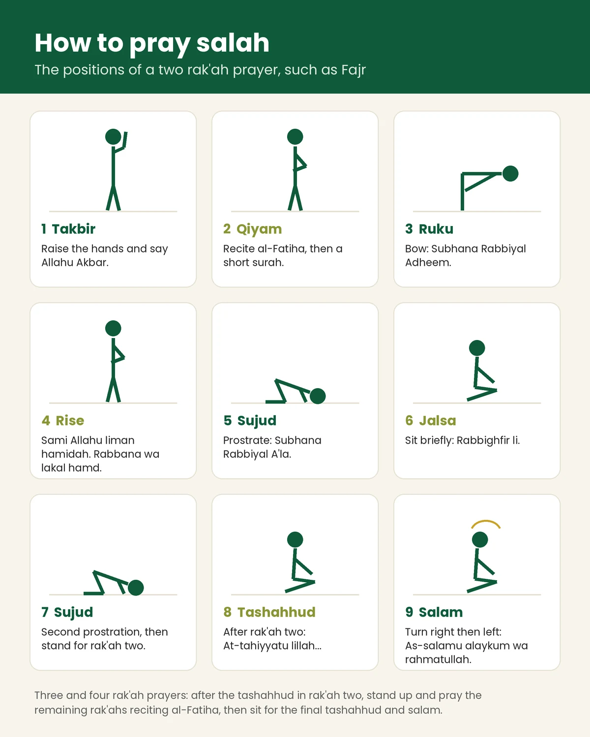 Infographic of the positions of a two rak'ah prayer: takbir, standing, bowing, rising, prostration, sitting, second prostration, tashahhud and salam