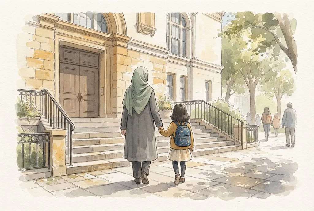 Illustration of a mother and daughter walking hand in hand into a library