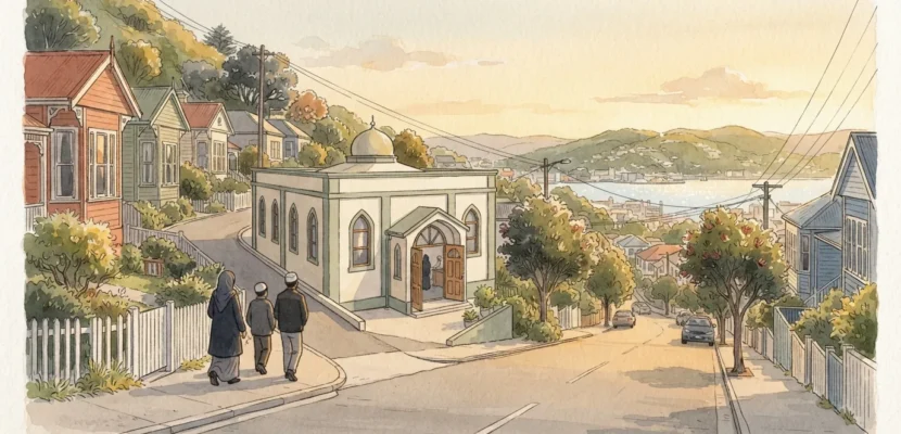 Illustration of a small Islamic centre on a hilly Wellington street at golden hour