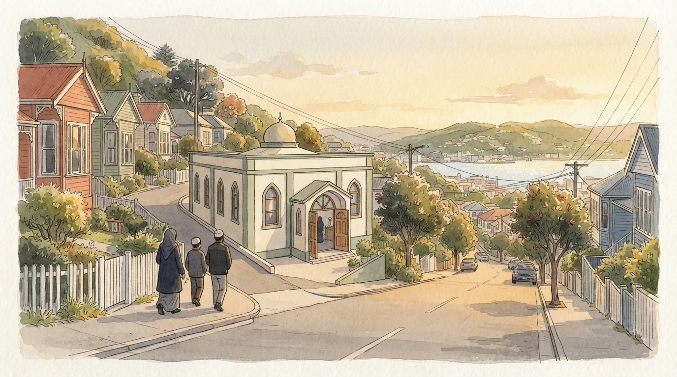 Illustration of a small Islamic centre on a hilly Wellington street at golden hour