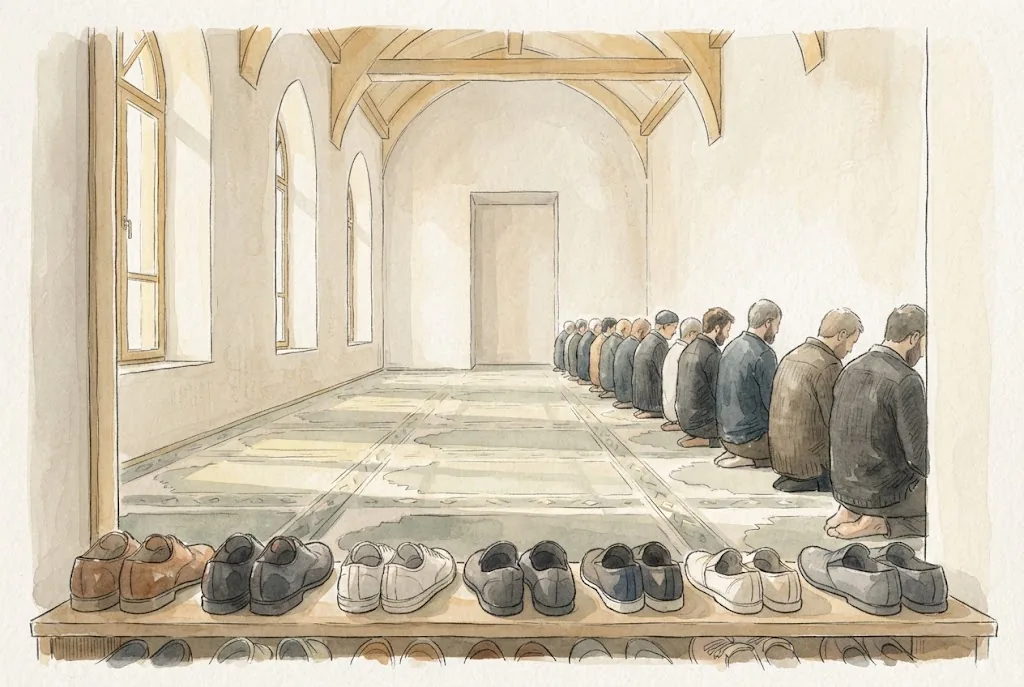 Illustration of men praying in a row in a sunlit prayer hall with shoes on a rack in the foreground