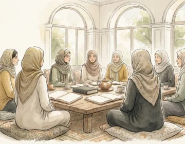 Illustration of a women's study circle seated on cushions around a low table with books and tea