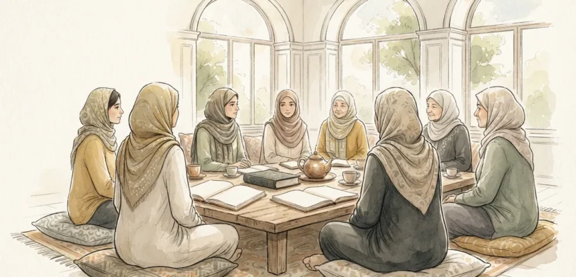 Illustration of a women's study circle seated on cushions around a low table with books and tea