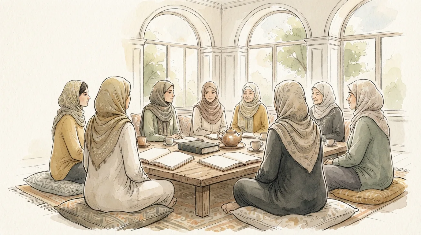 Illustration of a women's study circle seated on cushions around a low table with books and tea