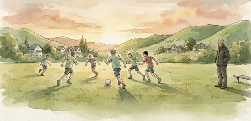 Illustration of teenagers playing football on a Wellington field at sunset