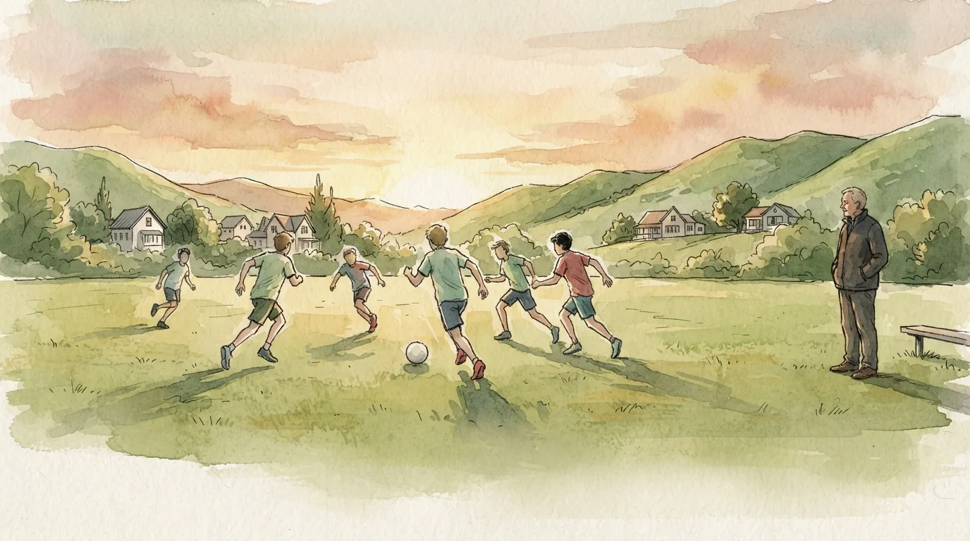 Illustration of teenagers playing football on a Wellington field at sunset