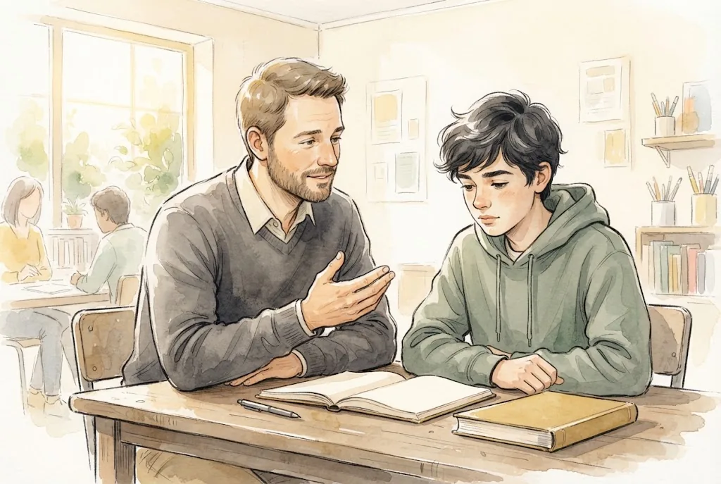 Illustration of a male mentor talking with a teenage boy at a table with books